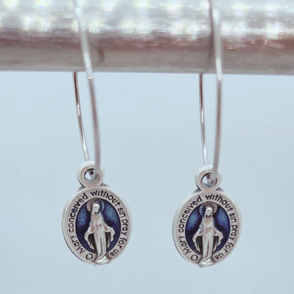Blue Enamel filled Miraculous Medal Earrings